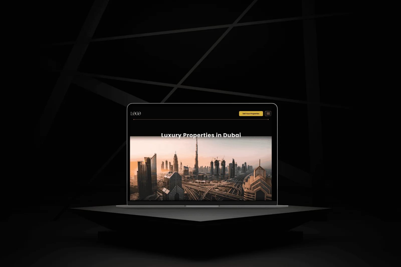 Sheraz Properties real estate platform hero on a laptop mockup with Dubai skyline photography and a yellow accent CTA