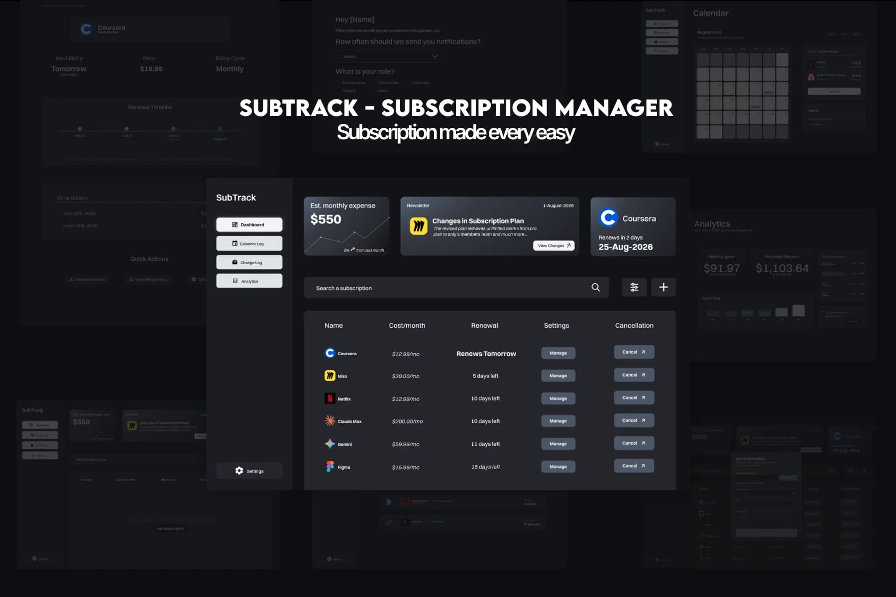 SubTrack subscription manager collage: billing detail, dashboard, calendar, and analytics screens layered on a dark ground with the "Subscription made every easy" tagline