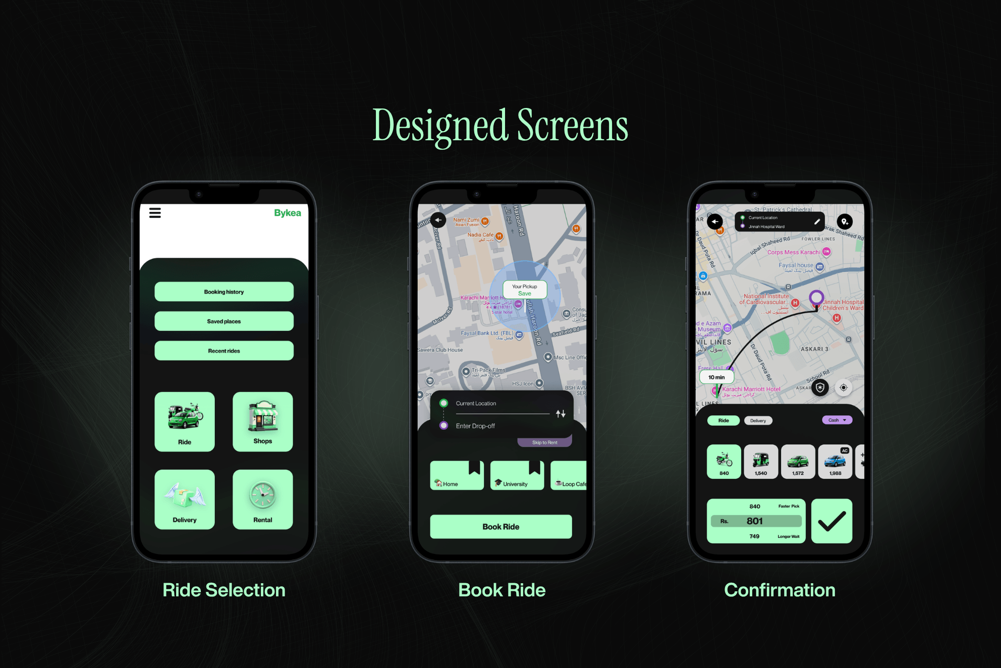Bykea Booking Redesign — self-directed UX case study by Muhammad Sarib (2026). Cover shows the Bykea wordmark and Case Study pill above three iPhone mockups of the redesigned ride-hailing flow (menu, book ride, confirmation) in a dark palette with a mint-green accent.