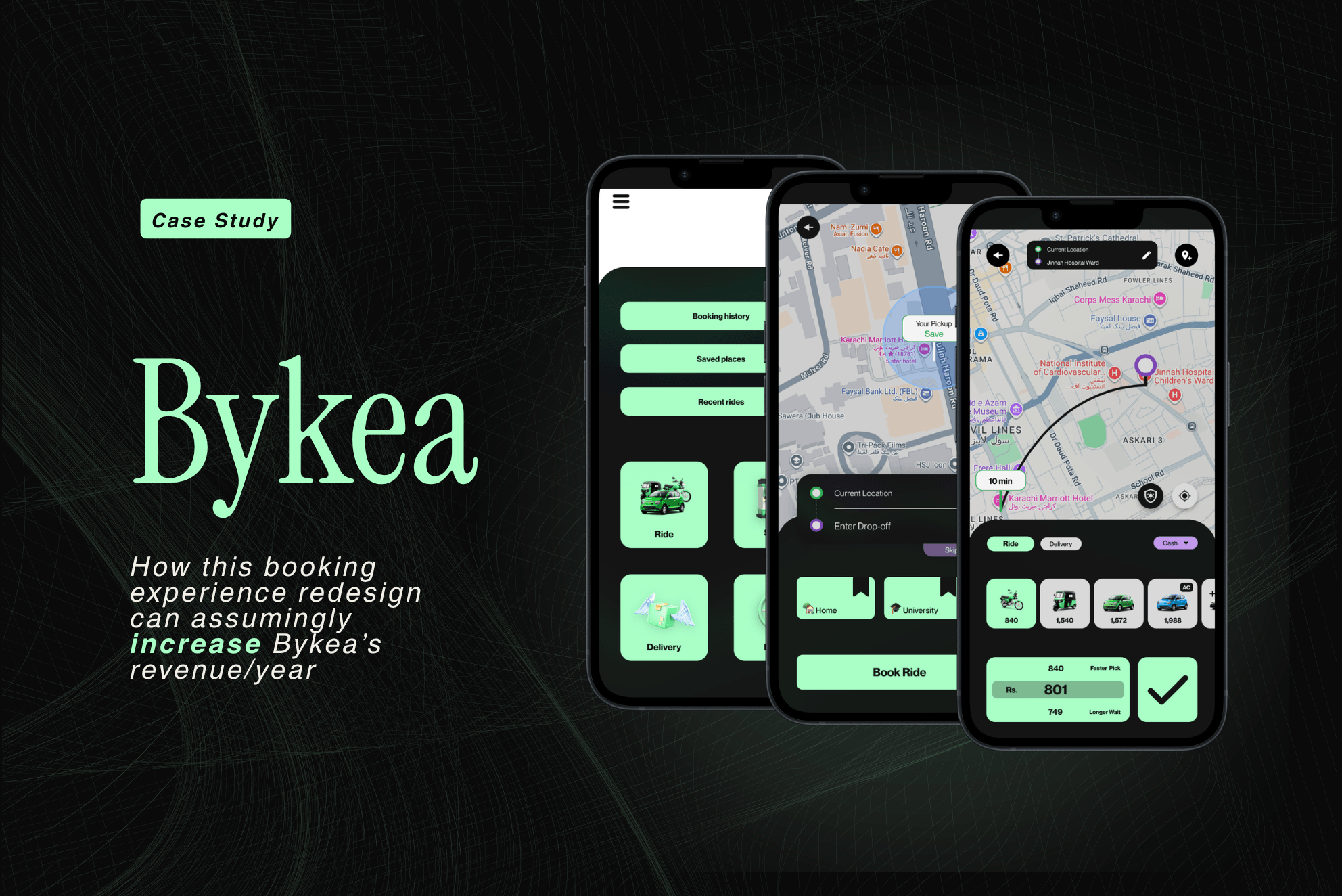 Bykea Booking Redesign — self-directed UX case study by Muhammad Sarib (2026) proposing a four-step sequential booking flow for Pakistan's most-downloaded ride-hailing app. Cover image shows three iPhone mockups of the redesigned Bykea flow (ride selection, book ride, confirmation) in a dark palette with a mint-green accent, alongside the tagline about a modelled annual revenue lift.