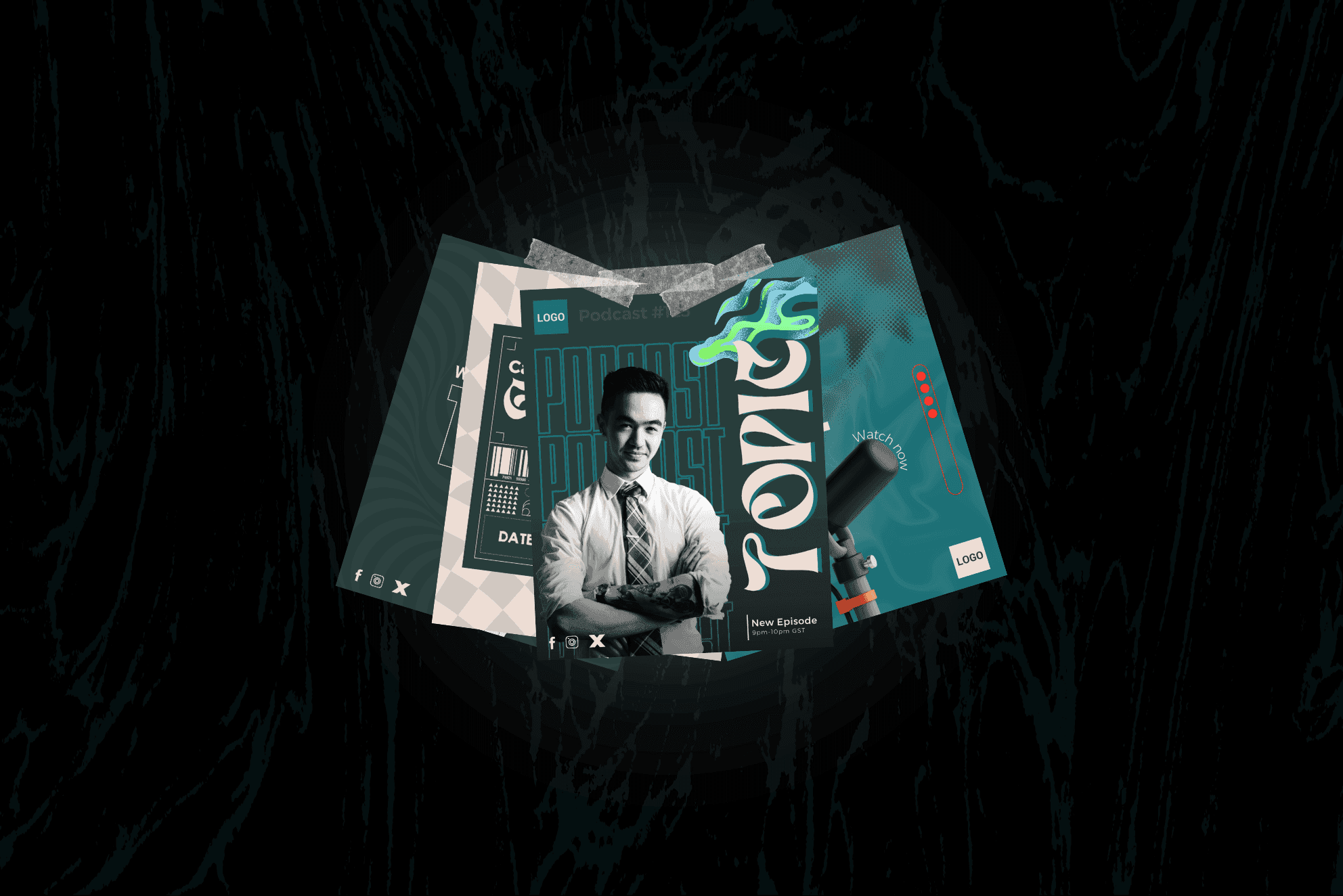 Podcast Branding Pack — four-template social media system in teal palette with condensed display type, designed by Muhammad Sarib (2024). Cover image shows the four templates fanned out on a textured dark background.