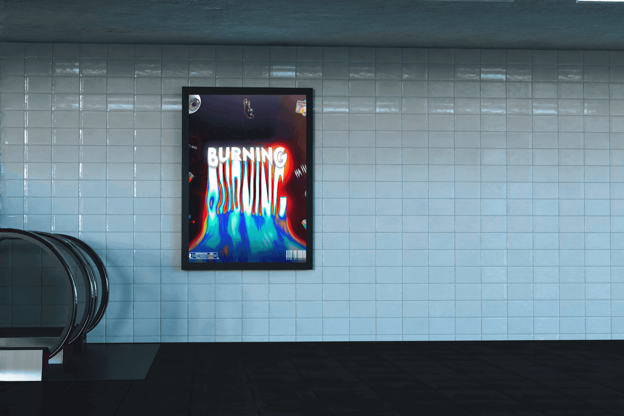 Poster Studies — ongoing series of single-page Photoshop poster experiments by Muhammad Sarib (2024–25). Cover image stages the BURNING text-experiment poster framed on a subway-platform tile wall.